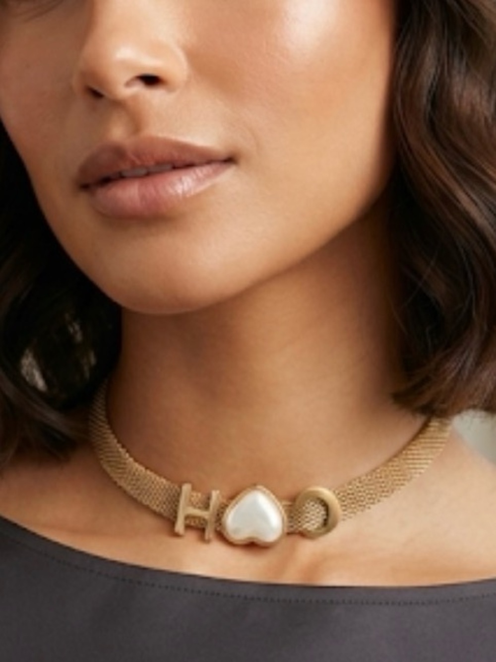 Gold-Tone Mesh Choker Necklace with Heart Accent